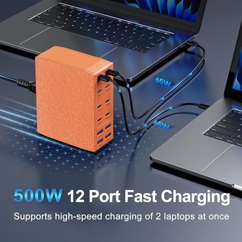 Image of 500W USB C Charger Block, 12-Port USB C Charging Station for Multiple Devices, Leather Texture Dual PD 65W Laptop Fast Charger Compatible with MacBook Pro /Air, iPad, iPhone,Galaxy and More,Orange