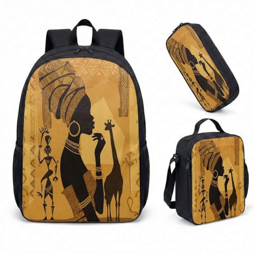Mochila feminina africana com estampa tribal de 43 cm, conjunto de 3 peças, silhueta étnica, mochila de viagem, arte de patrimônio cultural, 01, Large, Mochila estampada