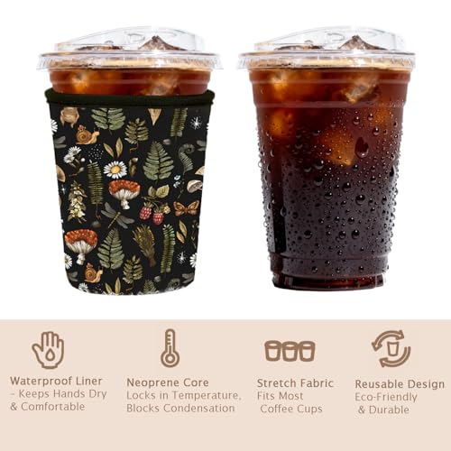 Image of Reusable Insulated Sleeve for Iced Coffee Cup, Coffee Neoprene Sleeve for Cold & Hot Drinks, Beverage Holder for Iced Coffee (Mushroom Mirage, Large: 32oz)