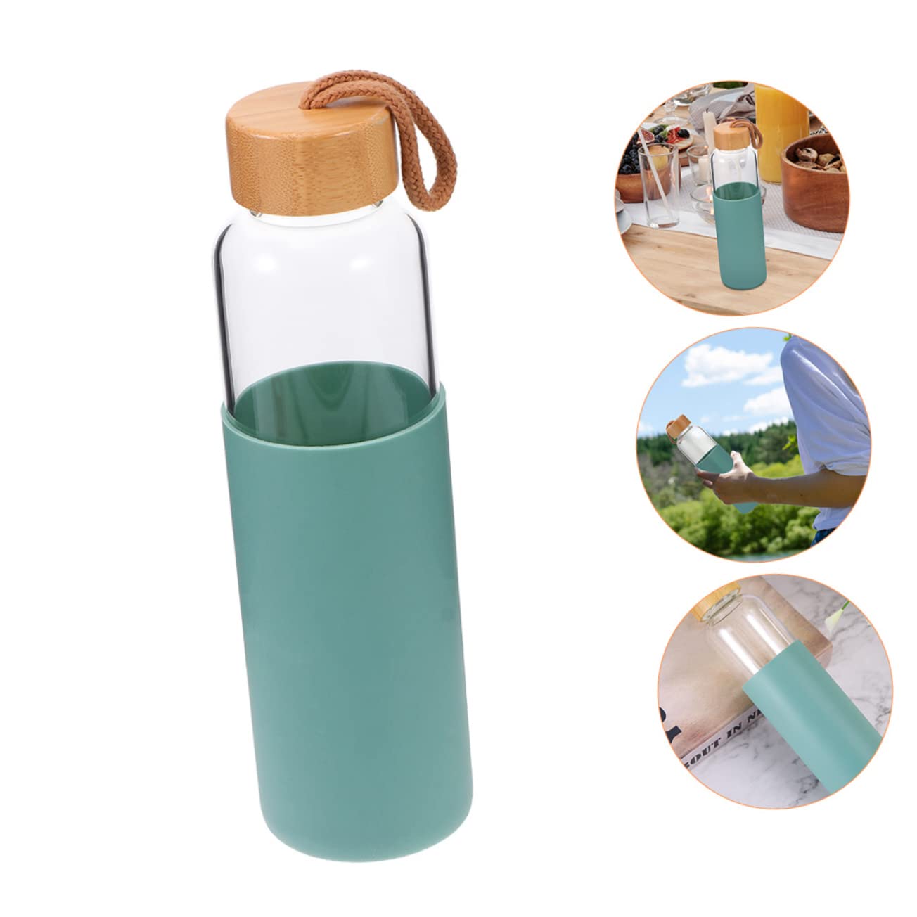 Unomor Light Green Glass Drinking Cup Bamboo Lid Silicone Sleeve Tea Water Cup Sealing Bottle