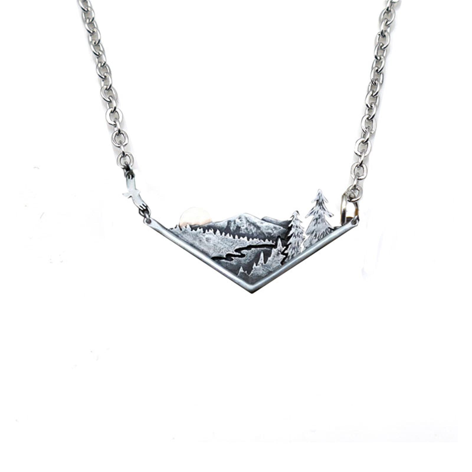 3D Mountain Range Necklace for Women Girls Unique Antique Silver Wandering River Mountain Valley Sunset Forest Tree Pendant Necklace Nature Jewelry Gift for Nature Lovers and Climbers