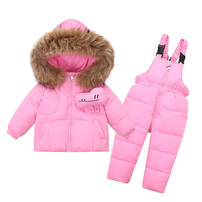 JELEUON 2 Pcs Girls Boys Winter Warm Fur Trim Zipper Puffer Down Jacket Snowsuit and Snow Ski Bib Pants Outfits Set 110