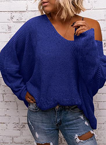 Image of BZB Women's V Neck Long Sleeve Knit Loose Oversized Pullover Sweater Top