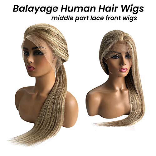 Long Straight Lace Front Wigs Pre Plucked With Baby Hair Ombre Ash Brown To Blonde Highlights Lace Part Wigs Glueless Vigin Human Hair 13X1 Deep Part Lace Wig Middle Part For Women 24" 150% Density #TOP2