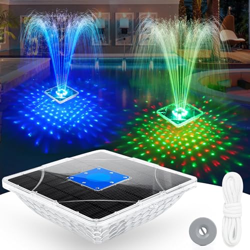 Solar Fountain with Light Show, Large Solar Pool Fountain with Anchor,Square Floating Pool Fountains for Inground Above Ground Pool,Solar Water Fountains for Pool-Blue,1PC