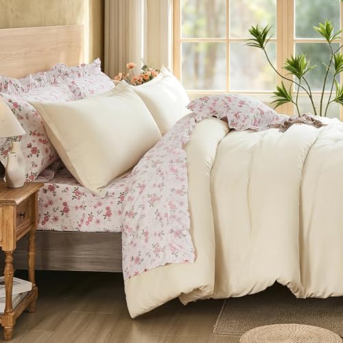 Image of WONGS BEDDING 8PC Queen Comforter Set, Ruffle Comforter with Floral Sheets