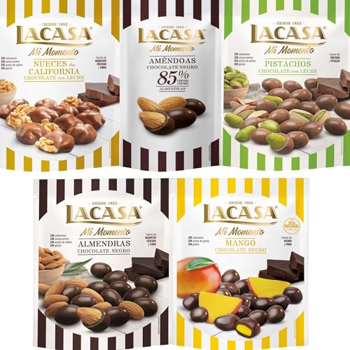 Lacasa Mi Momento pack de 5:Almendra 85% 65G,Nueces Leche 115G,Almendra choco Negro 125G,Pistacho Leche 100G,Mango choco Negro 115G