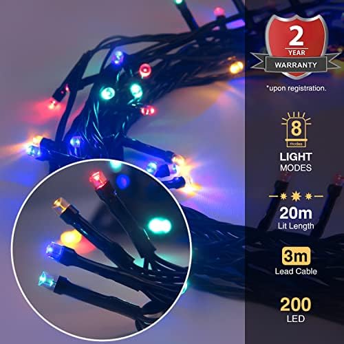 ANSIO® Christmas Lights 200 LED 20m/65ft Christmas Tree Lights for Indoor & Outdoor Multicoloured Decorations Fairy String Lights for Xmas Garden Bedroom & Party | Mains Powered Green Cable