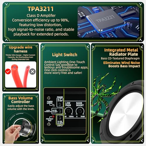 Image of Upgraded 1600W Car Subwoofer, 10 inch Ultra-Thin Under-Seat Sub with Built-in Amplifier, (LPF /Gain /Bass Boost) LED Ambient Lights, Independent Bass Knob, Distortion-Free Deep Bass(Green)
