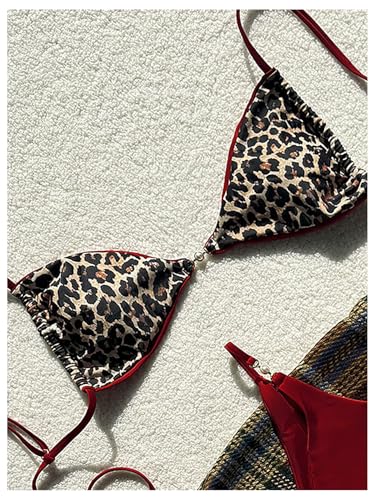 MakeMeChic Women's Leopard Print Bikini Set Spaghetti Strap Tie Back String Thong Swimsuits3