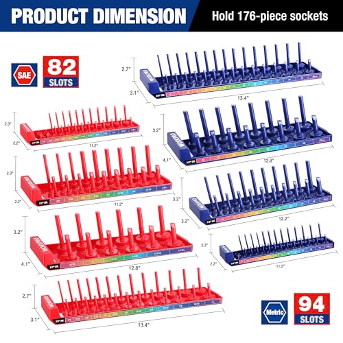 Image of WORKPRO Socket Organizer Set, 8PC Socket Holder, 1 /4 inch, 3 /8 inch, 1 /2 inch Drive Metric & SAE Socket Trays, Impact Socket Organizer for Tool Box Drawer, Socket Storage Holds 176 Pieces (Socket not Included)