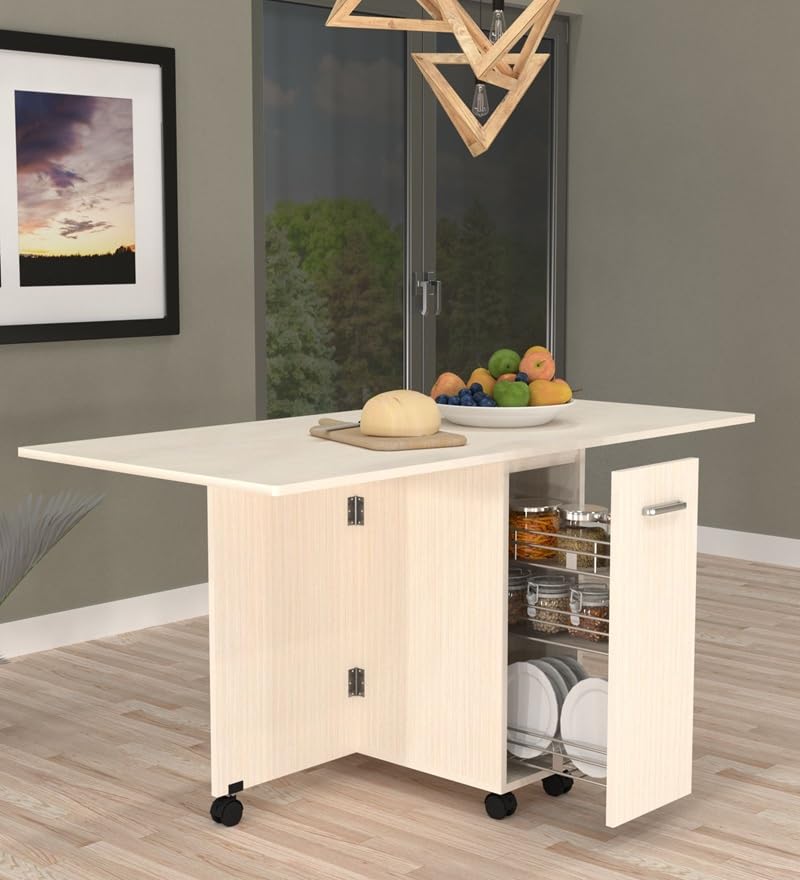 Image of SPECIALITY PANELS Folding Dining Table with Storage, Beige Wood Finish, 149x74x76 cm, Mobile Kitchen Island with Wheels, Carpenter Assembly Provided