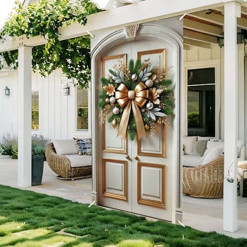 Image of Gold Bow Pine Branch Silver Ball Christmas Door Cover 35x71in