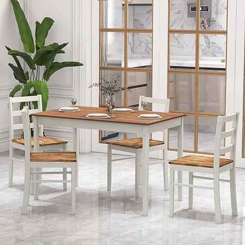 Giantex Dining Table Set for 4, Solid Wood Rectangular Table & 4 Chairs, 5 Pieces Farmhouse Dinette Set wtih Rubber Wood Legs, Space-Saving Kitchen Table Set for Kitchen Dining Room (Rustic Brown) - Image 4