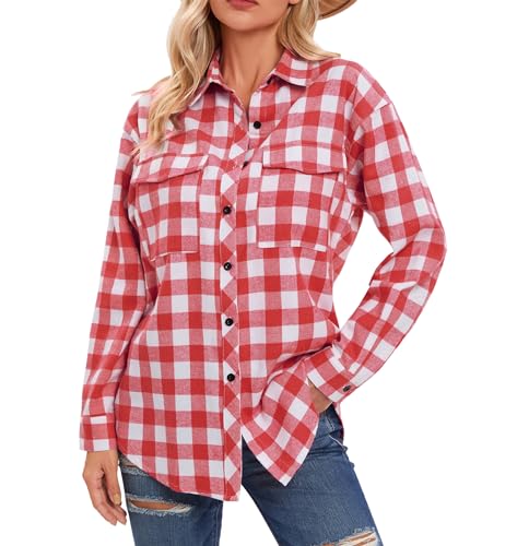 Timuspo Damen Flanellhemd Kariertes Hemdbluse Knopfleiste Langarm...