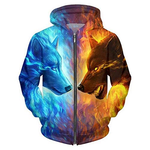 MegOK 3D Wolf Zipper Hoodies Unisexe Zip Up Sweats Hommes Hoodies Marque À Capuche Cardigan Casual-ZIP039, XXL