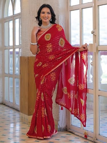 Image of SIRIL Women's Bandhani Printed Embroidery Georgette Saree with Unstitched Blouse Piece