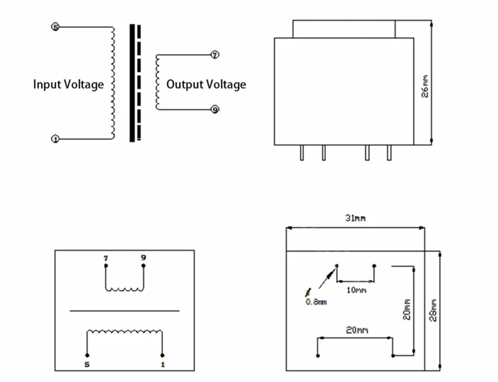 Transformador encapsulado de frecuencia de potencia de aguja de 4 pines EI, 1,2 W, 1,2 VA, CA 220 V a CA 6/9/12 V, 2 unidades(2Pieces 12V)