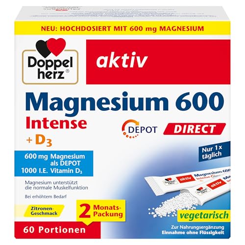 Doppelherz Magnesium 600 Intense + D3 DEPOT DIRECT - Hochdosiert mit 600 mg Magnesium plus 25 μg Vitamin D pro Portionsbeutel - 60 Portionen mit Zitronen-Geschmack Doppelherz Magnesium 600 Intense + D3 DEPOT DIRECT - Hochdosiert mit 600 mg Magnesium plus 25 μg Vitamin D pro Portionsbeutel - 60 Portionen mit Zitronen-Geschmack