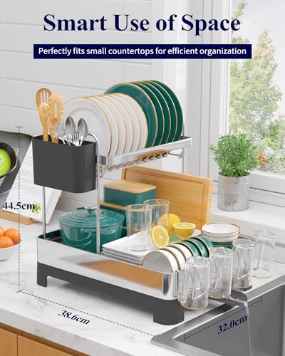 Kitsure Abtropfgestell Geschirr – 2-Tier rostfreies Abtropfgestell mit Besteck- und Tassenhaltern, platzsparendes Geschirrabtropfgestell für Küchenarbeitsplatten, 38,6 x 32,0 x 44,5 cm, Grau