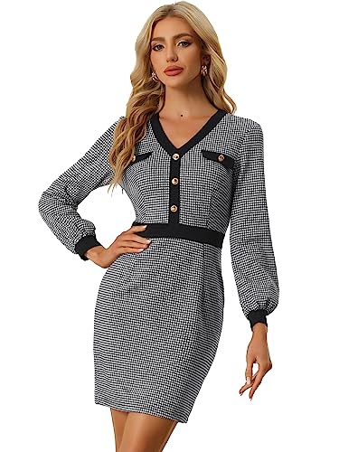 Allegra K Damen Langarm Kleid V-Ausschnitt Knielang Minikleid Elegant Etuikleid Schwarz S