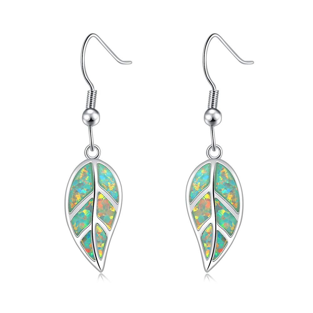 CiNily 18K White Gold Plated Leaf Opal Dangle Drop Earrings for Women Teen Girls Hypoallergenic Opal Jewelry Gift