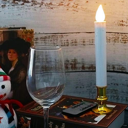 Image of Wondise White Flameless Flickering Taper Candles - Battery Operated with Remote & Timer, Gold Holders, Suction Cups, Christmas Window Decoration (9 inch, Set of 8)