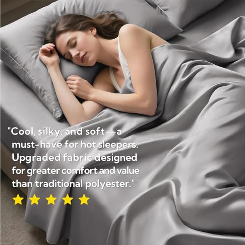 MR&HM Twin Sheets Set, 3-Piece Cooling Sheets, Rayon Derived from Bamboo & Polyester Blend, Soft & Silky, 15" Deep Pockets with Elastic Straps, Hotel Luxury for Hot Sleepers, Silver Grey