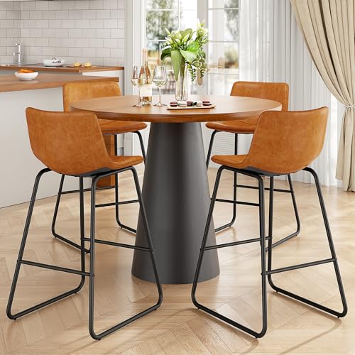 Image of REONEY Bar Stools Set of 2, 26 inch PU Leather Counter Height Barstool, Brown