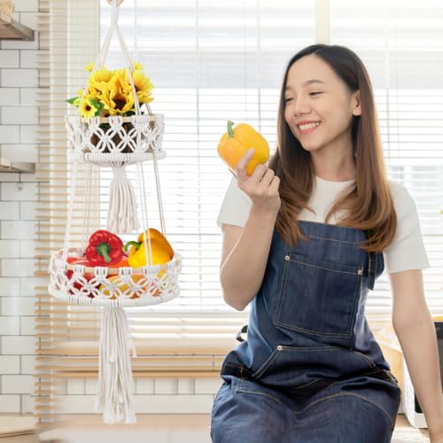UPKOCH Makramee Blumenampel Hänger Boho Wandbehang Aufbewahrungskorb Geflochtener Korb Blumenkorb Baumwollseil Hängender Blumentopf Obstkorb Wand Vase für Landhaus Deko Böhmische Wanddeko - 7