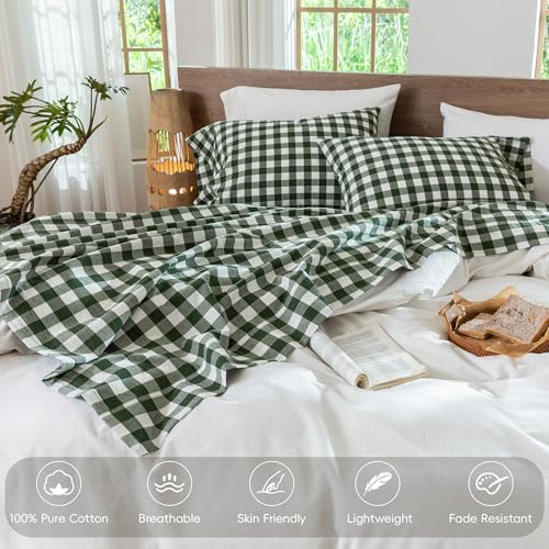 Image of MooMee Gingham Sheet Set 100% Washed Cotton Linen Like Textured Breathable Soft w /Fully Elasticized 16-19 inch Deep Pocket (Buffalo Plaid Forest Green, Queen)