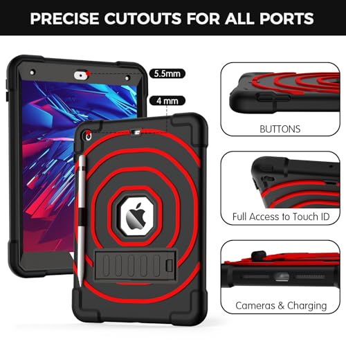 SIBEITU for iPad 9th Generation Case 10.2-inch 2021 with Pencil Holder & Built-in Kickstand, Heavy Duty Rugged Protective Case for iPad 9th/ 8th/ 7th Generation 2021 2020 2019 (Black+Red)