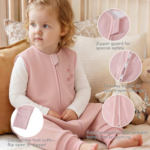 Image of Chilsuessy Toddler Sleep Sack with Feet 3-4 T, 1.0 TOG Cotton Baby Wearable Blanket with Legs, Sleep Bag Walker with 2-Way Zipper, Pink Flower