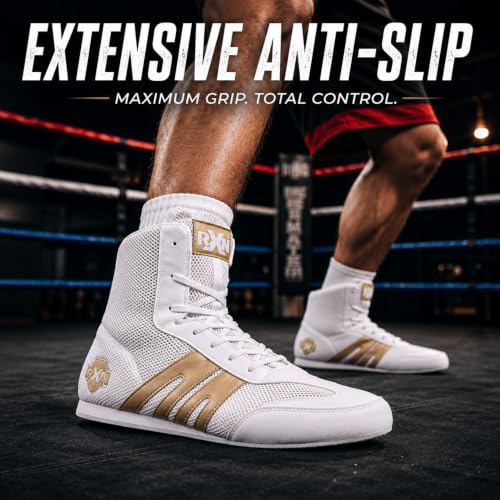 Image of RXN Gold Medal Boxing Shoes for Men | Lightweight High Top Boxing Boots with Anti-Slip Non-Marking Rubber Sole | Breathable Mesh Upper | Training, Sparring & Competition Boxing Shoes