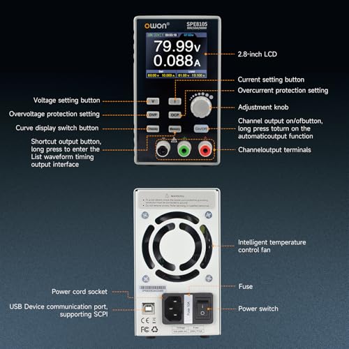 Image of OWON Lab Power Supply (0-80V 0-10 A), Programmable Max 500w Out Power Bench DC Power Supply with 2.8inch LCD Display and Output Enable /Disable Button SPE8105