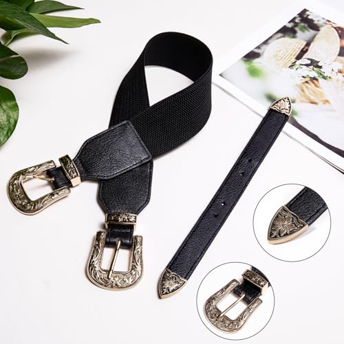 Image of Dubulle Womens Belt Chain Leather Belts Vintage Western Adjustable Elastic Double Buckle for Cowboy Pant Dress
