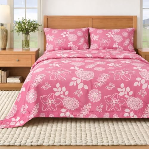 Image of BEVI - Home Super Fabric 300 TC Microfiber Single Queen Size Bedsheet with 1 Pillow Cover - Printed Bedsheet Size (60x90) (Pink Flower)