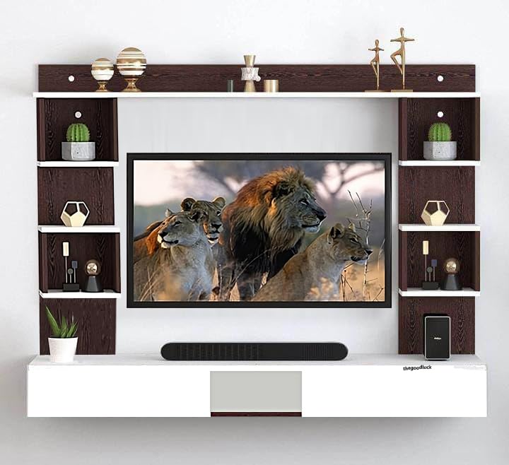 The Good Luck 32 to 55 Inches Engineered Wood Wall-Mount TV Unit | TV Cabinet with Storage Box & Decor Shelves (Walnut/White) (24-32 Inch Without Fitting)-image-12