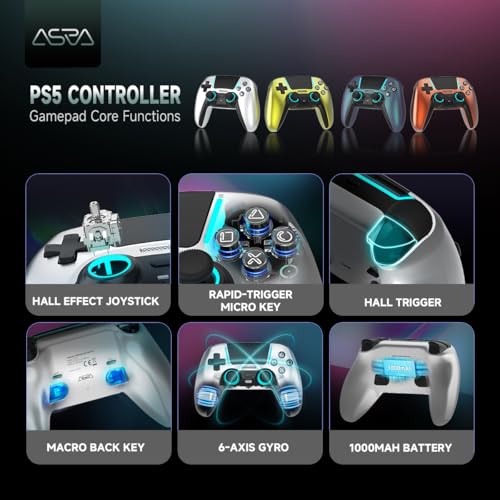 Image of ASRVA Chrome Silver Wireless Pro Controller for PS5 4 Back Buttons,Hall Effect No-Drift Joystick,Micro-Switch ABXY,6-Axis Gyro,Macro,1000mAh Battery,RGB,Compatible with PS5 /PC /Mobile