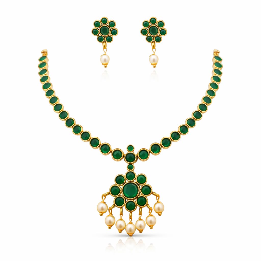 Jewellery Set for Girls and Women | Necklace with Matching Earrings | Micro Gold-Plated | AD/CZ Stone Studded | Suitable for Traditional, Wedding and Festival Wear (Green)