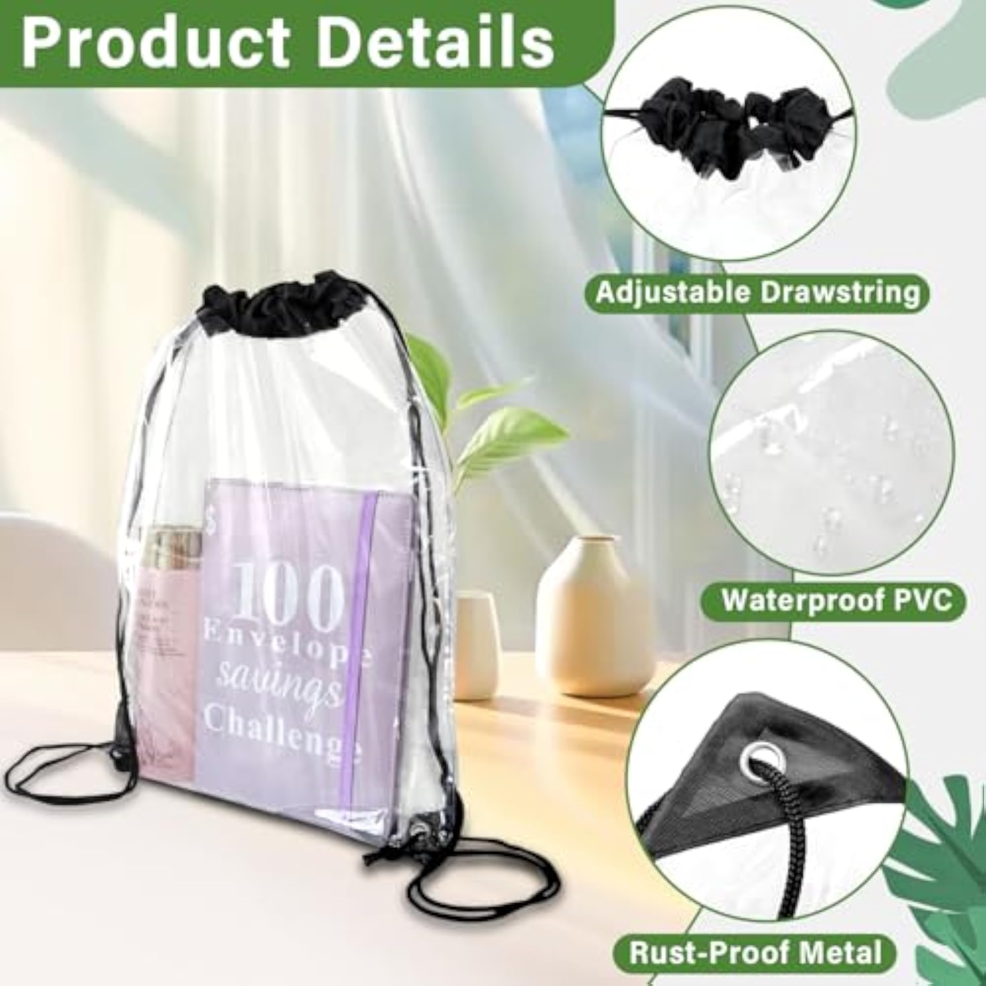 Pack of 4 Transparent Drawstring Backpacks, Clear Bags