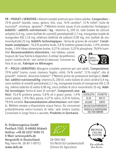 defu Hundefutter | 12 x 410 g | Bio Huhn Sensitiv | Premium Bio Nassfutter Menü | Alleinfuttermittel für Hunde