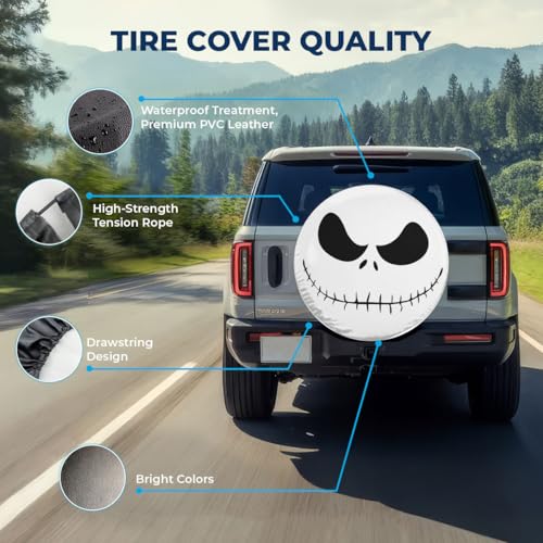 Image of Spooky Horror Nightmare Skellington Size 14 Heavy Duty PVC Leather Spare Tire Cover, Universal Fit Tire Cover for Trailer RV Camper, Dustproof with No Camera Hole, Spring Car Decor