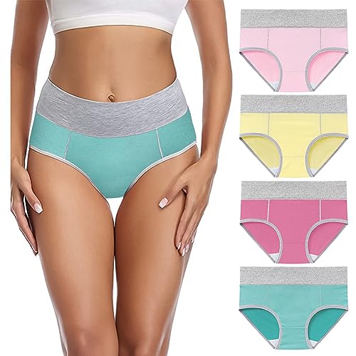 Aomig Ladies High Waist Knickers, 4Pcs Women's Cotton Briefs Underwear, Full Back Coverage Panties Multipack, Comfort Fit Underwear, Women Full Briefs Stretchy Soft Panties Slight Tummy Control Pants