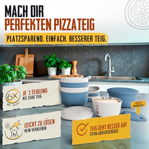 LOEWERK Pizzaballenbox mit Deckel, 6er Set - Teiglinge leicht entnehmen - platzsparende Silikon Teigbox - Pizzateig Box mit Deckel, Pizza Box, Pizza Ballenbox - Blau/Grau [inkl. Teigspatel]