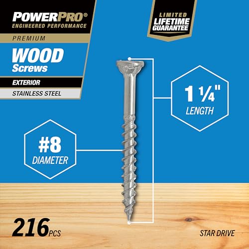 Image of Power Pro 48619 Wood Screws, #8 x 1-1 /4 inch, Premium Stainless Marine Screws, Rust Resistant, Stainless Steel, 1lb Box, 242 pcs