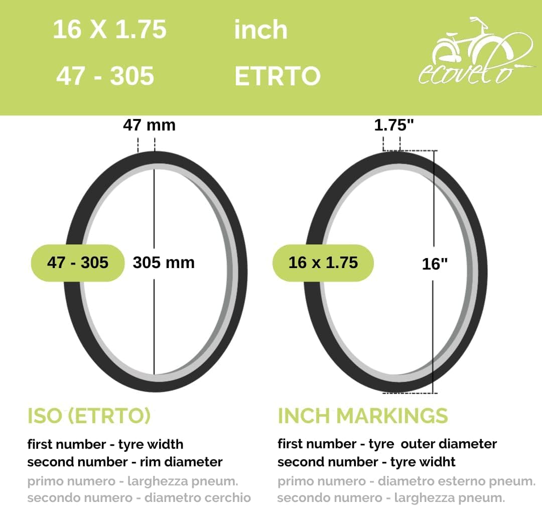Pneus Vélo ECOVELO 16 X 1.75 - Lot De 2 + Chambres à Air - Demi-Slick - Pour VTT, Ville