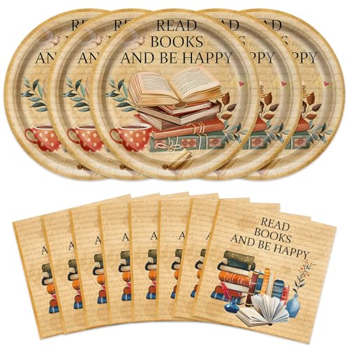 Assiettes papier livre vintage et serviettes anniversaire thème bibliothèque