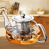 Tetera de Vidrio para Estufa, Teteras con Acero Inoxidable Infusor y Tapa de Vidrio, Tetera de Cristal para Té Floreciente...