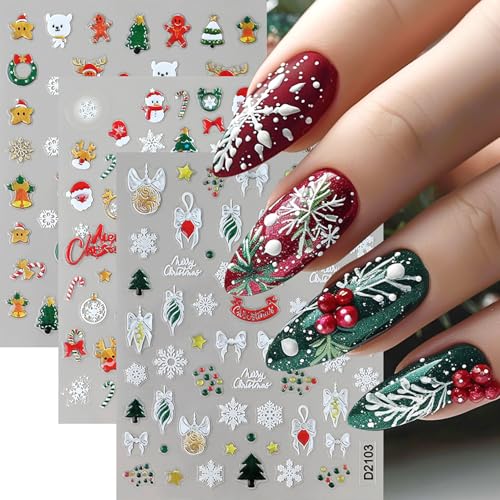 3 Sheets Christmas Nail Stickers Winter Nail Decals 3D Self Adhesive Snowflake Bow Xmas Tree Glove Cute Bear Winter Design Nail Art Stickers Decoration for Women Girls